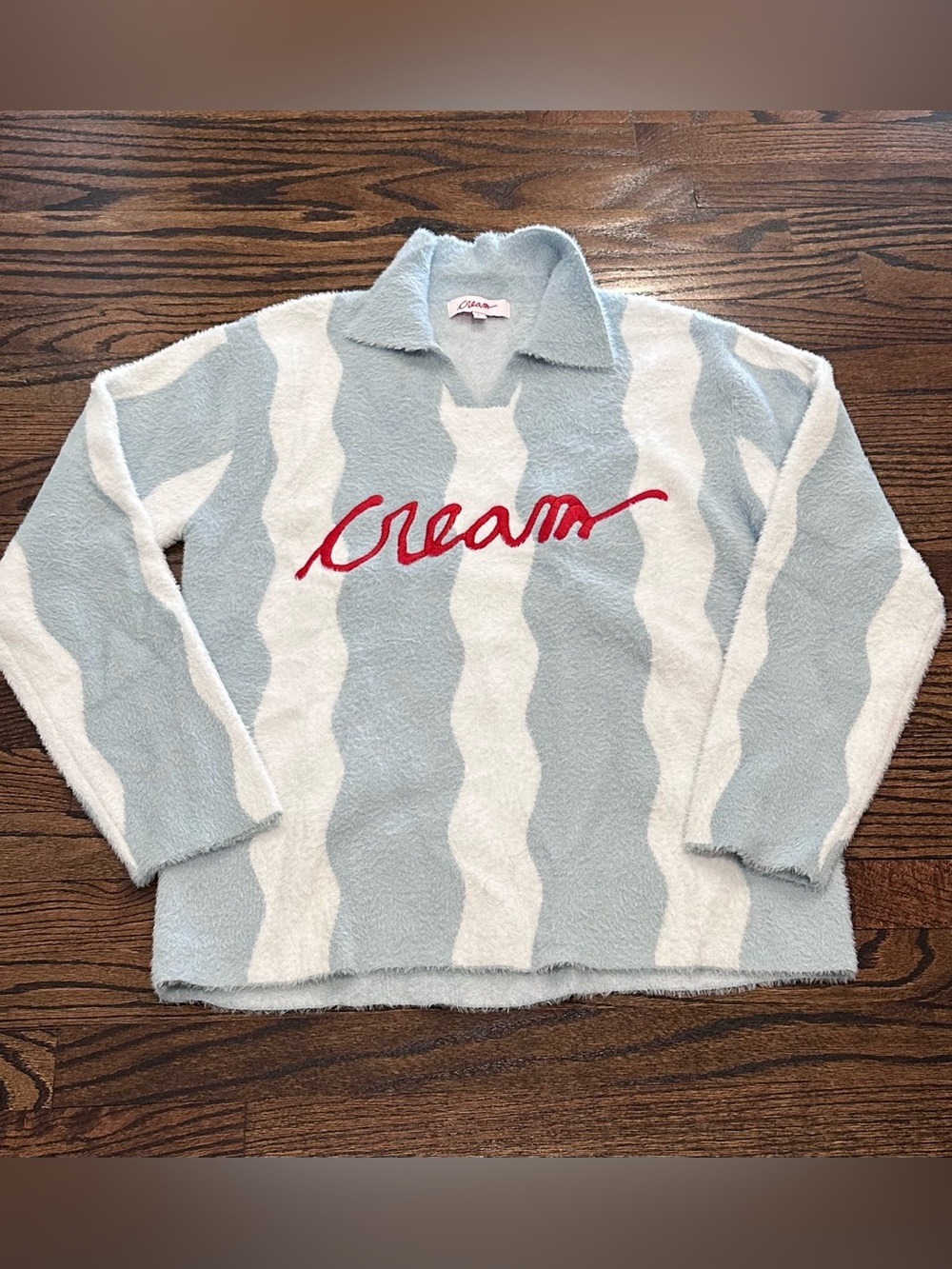 Cream Brand SUPER SOFT Collared Fuzzy Sweater - Light Blue & White